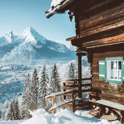 Traditional mountain cabin in the Alps in winter
