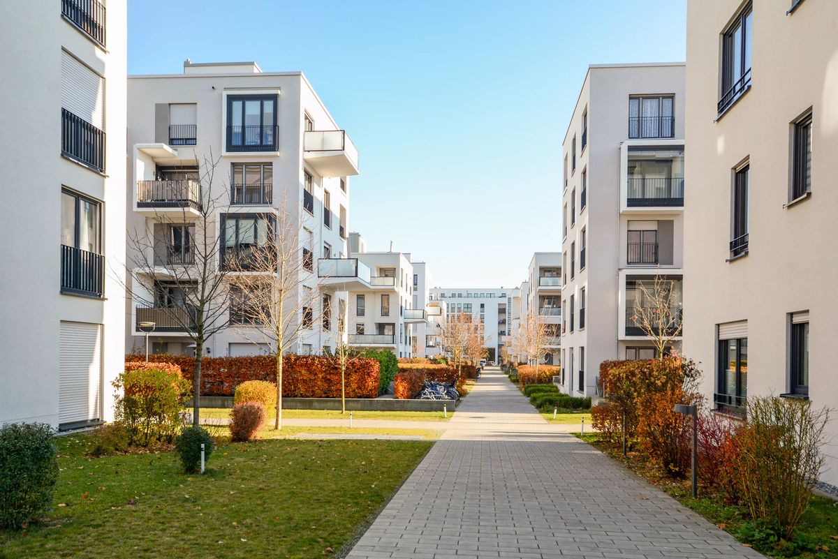 Cityscape with residential buildings in late autumn